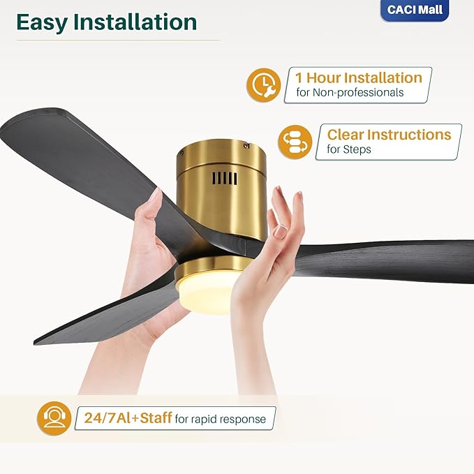 CACI Mall Smart 52 inch Wood Flush Mount Ceiling Fans with Lights and Remote, 3 Blades, Low Profile, Modern, Compatible with Alexa/Google/App, Outdoor Indoor Ceiling Fans for Bedroom/Farmhouse/Patio
