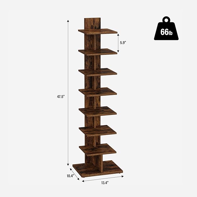 TUTOTAK Narrow Bookshelf, 8-Tier Bookcase, Spine Book Shelf for Small Space, Corner Standing Shelf for Living Room, Office, Study, Entryway, Rustic Brown BS06BB008