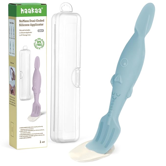 haakaa Baby Diaper Cream Spatula, NoMess Dual-Ended Silicone Diaper Rash Cream Applicator with Hygienic Case, Butt Spatula for Baby, Sky Blue