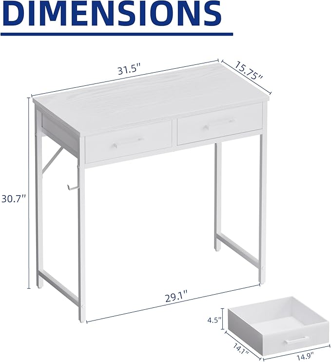 Pamray 32 Inch Small Computer Desk with 2 Drawers for Bedroom Study Writing Home Office Table for Small Spaces White