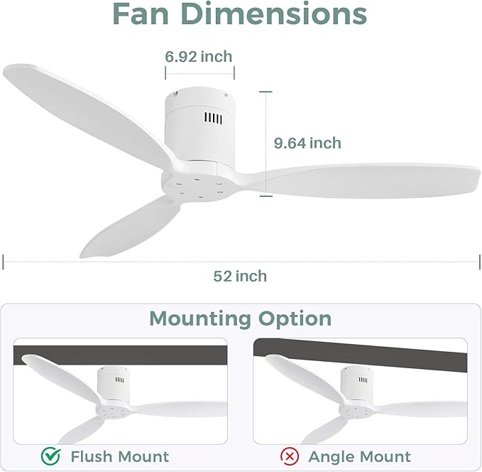 Sofucor 52 Inch Smart Ceiling Fan Without Light Flush Mount Solid Wood Ceiling Fan with Alexa/Google/APP/Remote Control-Modern Outdoor Ceiling Fans No Light for Bedroom/Patio/Indoor, White