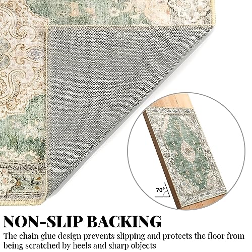 MUJOO Hallway Runner Rug - Machine Washable Non Slip Boho Green Runner for Hallways, Entryway, Kitchen, Bathroom, Bedside - Retro Soft Low-Pile 2'x6' Blossom. - color: Green, size: 2' x 6' (Rectangular)
