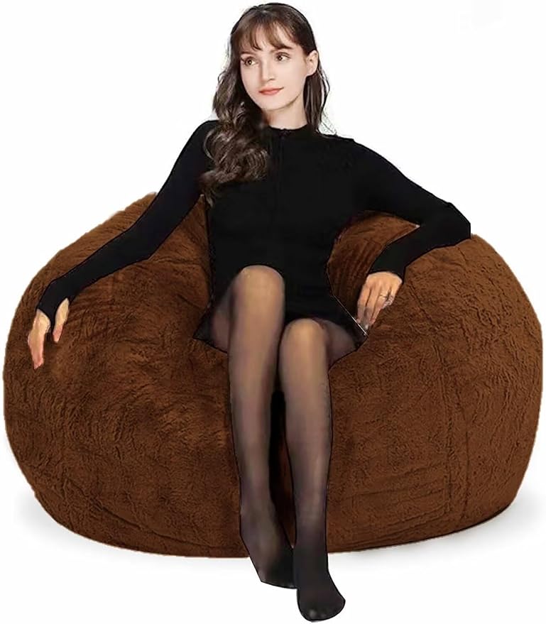 Bean Bag Chair for Adults Kids Without Filling Comfy Fluffy Oversized Round Beanbag Chair Lazy Sofa Cover for Reading Chair Floor Chair, 3.5FT, Brown