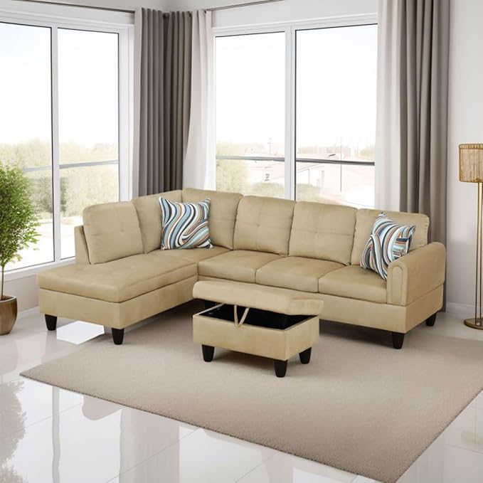 Beige L-Shaped 3-Piece Flannel Sofa with Storage Ottoman Set, Sectional Couch Sofa Set for Living Room, Office, Small Space