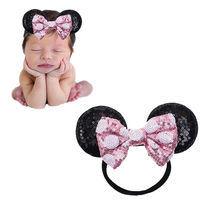 JIAHANG Mouse Ears Sequin Bow Hairband with Polka Dot, Hair Bow Nylon Headband, Soft Elastic Headwear for Baby Girl Newborn Party Supplies