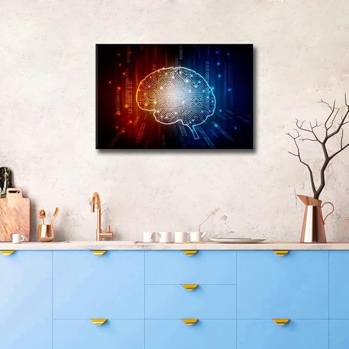 TUMOVO AI Artificial Intelligence Concept Wall Art Red Blue Pictures Print On Canvas AI Brain Modern Artwork Wall Art for Living Room Office Gallery Framed Ready to Hang, 24x16in