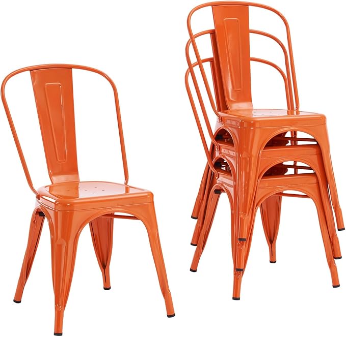 Nazhura Metal Dining Chair Farmhouse Tolix Style for Kitchen Dining Room Café Restaurant Bistro Patio, 18 Inch, Stackable, Waterproof Indoor/Outdoor (Sets of 4) (Orange, Steel Seat)