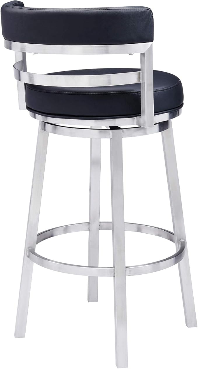 Armen Living Titana 26" Counter Height Swivel Black Faux Leather and Brushed Stainless Steel Bar Stool