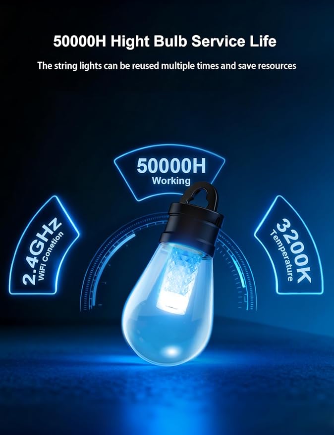 APPECK Outdoor String Lights, 50ft Smart RGBW Patio Lights Outside with 15 LED Bulbs, Extendable, 111 Scene Modes, IP65 Waterproof Lighting for Backyard, Dimmable Warm White, Compatible with Alexa