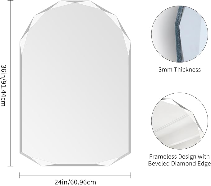 KOCUUY 24"x36" Frameless Mirror, Arched Shape with Diamond-Shaped Beveled Edge,Unframed Decorative with Upgraded Shatterproof Glass,Unique Frameless Mirror for Bathroom,Living Room,Bedroom