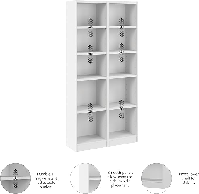 Bush Furniture Universal 17W Narrow 5 Shelf Bookcase in White - Set of 2, Matching Skinny Bookshelves for Home Office or Living Room Storage