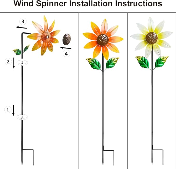 2 Pack Metal Wind Spinners for Outdoor Decor - Garden Windmill Sculptures, Yard Art for Patio Lawn - Vibrant White Daisies & Orange Sunflowers Metal Spinners for Garden Decorations