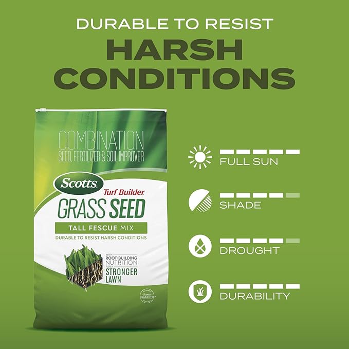 Scotts Turf Builder Grass Seed Tall Fescue Mix with Fertilizer and Soil Improver, Resists Harsh Conditions, 5.6 lbs.