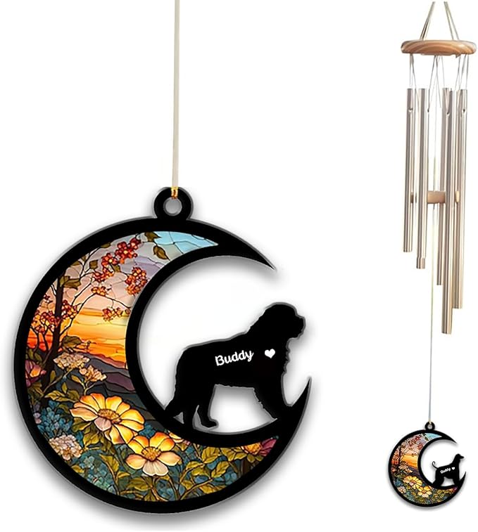 Saint Bernard Sun Catcher Wind Chime, Custom Sunflower Suncatcher Dog Memorial Wind Chime, Dog Loss Gift, Dog Sympathy Gift, Pet Loss Suncatcher, Outdoor Garden Decor