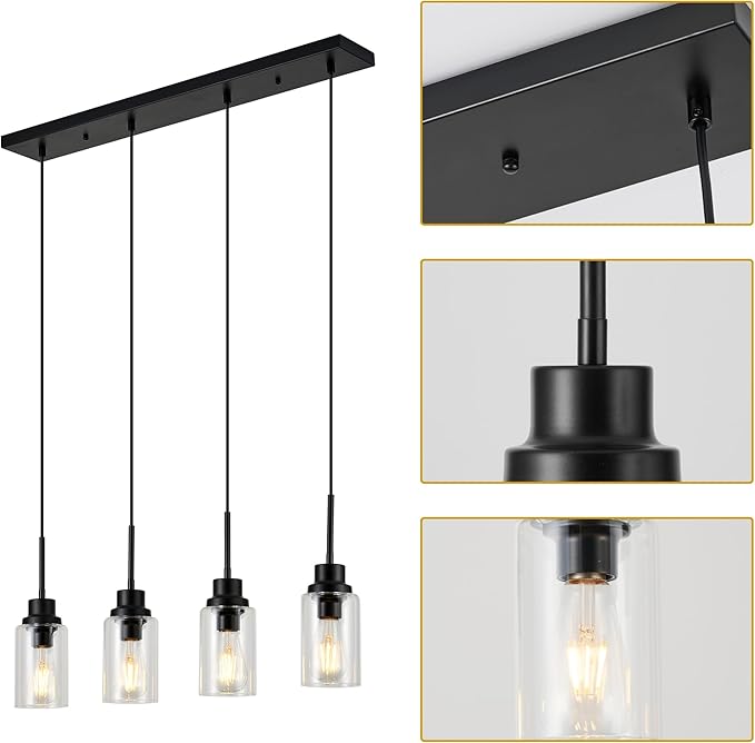 4-Lights Pendant Lighting for Kitchen Island in Black, Ceiling Light Fixtures with Adjustable Hanging Wire & Clear Glass Shades