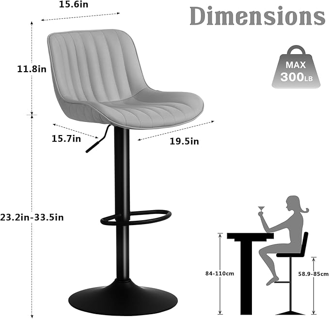 YOUNUOKE Counter Height Bar Stools Set of 2 Upholstered Kitchen Island Barstools Adjustable Swivel Stools with Back Mid Century PU Leather Padded Chairs Grey