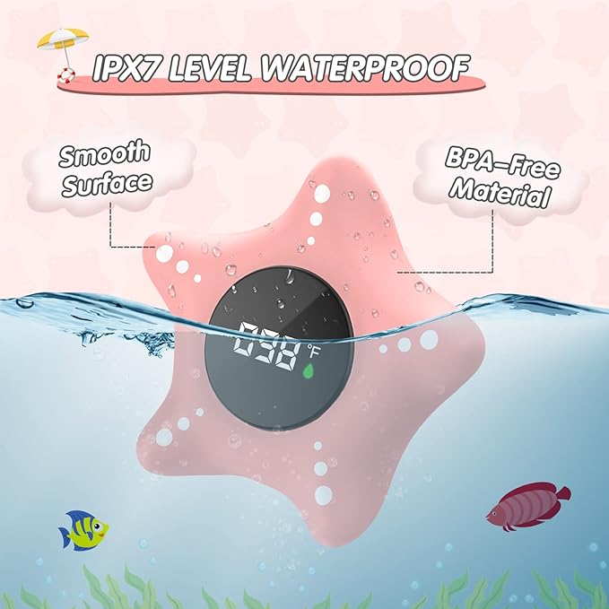 Baby Bath Thermometer Safety, Auto On & Off Bathtub Thermometer Floating Toy, Digital Bathing Water Temperature Warning, Pink Sea Star Shape