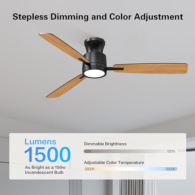 Ceiling Fans with Lights,52 Inch,Quiet Reversible Motor,Easy to Install,6 Speeds,Dimmable,Timer,Black Low Profile Ceiling Fan for Bedroom Living Room,Kitchen,Indoor/Outdoor