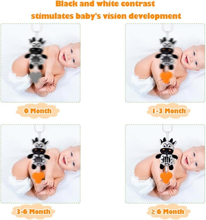 KAKIBLIN Baby Hanging Toy,3 Pack Black and White Sensory Toys for for 0 3 6 9 to 12 Months, High Contrast Soft Hanging Crinkle Squeaky Learning Toy with Teether for Boys Girls (21CM, Zebra,Deer&Cow)