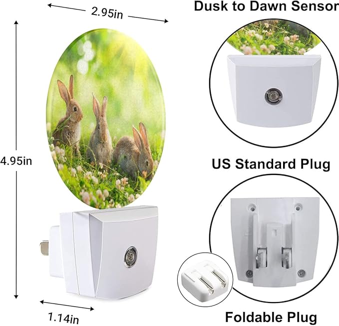 Easter Bunny Nightlight Cute Rabbits in Meadow Plug-in Nightlight Energy Saving 0.5W LED Lighting for Boys Girls Men Women Gift