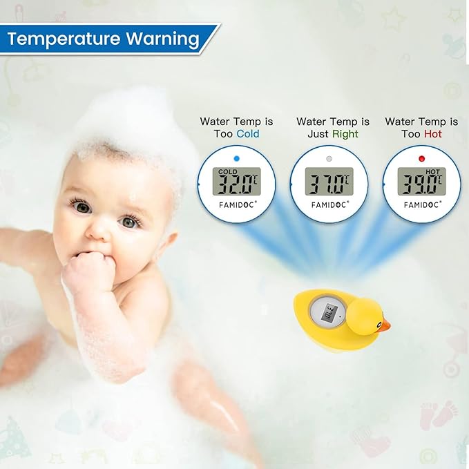 Baby Bath Thermometer Famidoc FDTH-V0-22 Water Temperature Test Floating on Water and Room Digital Bath tub Thermometers Duck Bath Thermometer Baby Safety New Upgraded