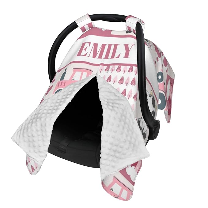 Personalized Baby Car Seat Canopy for Girls, Custom Name Baby Car Seats Covers for Babies, Opening Minky Nursing Breastfeeding Stroller Cover Infant Carseat Canopies for Newborn (Cute Cow Pink)