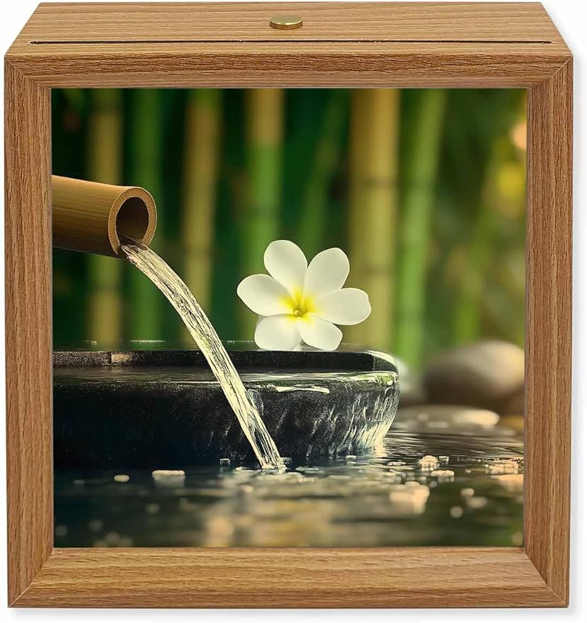 Wood Night Light Box 4.5x4.5in,Zen Meditation Plumeria Flower Table Lights Wooden Picture Frame with USB Rechargeable Touch LED Lights for Home Decor Desktop Display,Flowing Water Forest