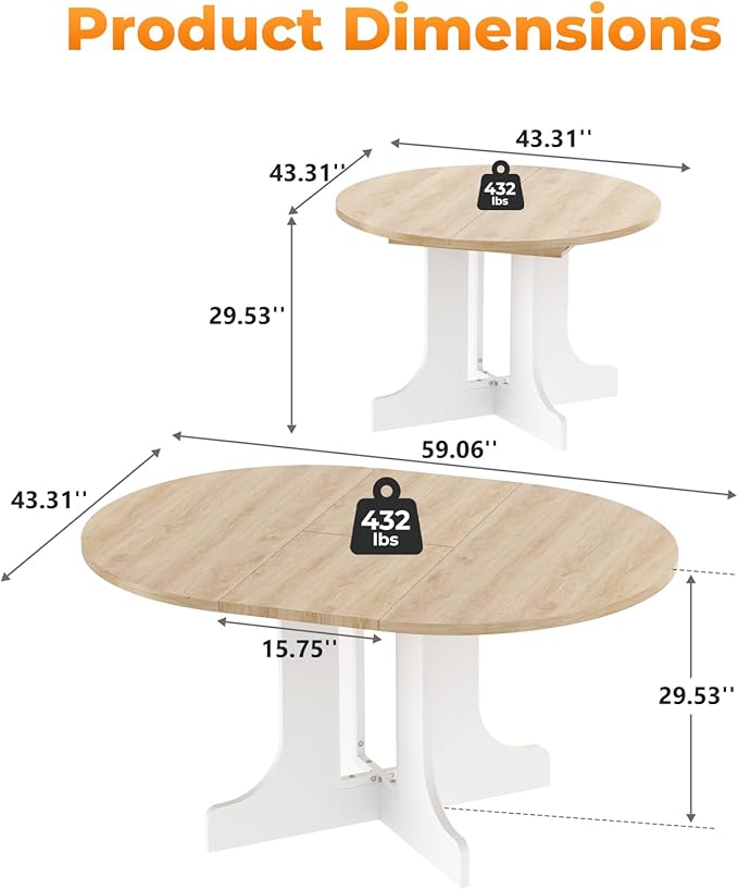 43"-59" Expandable Round Dining Table, Extendable Dining Room Table for 4-6, Oval Tabletop with Removable Leaf, Trestle X-Shaped Base & Metal Track for Dining Room, Living Room-Oak