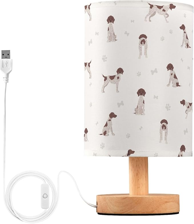 Table Lamp Cute Dog German Shorthaired Pointer Pattern Nightstand Lamp with Wood Base Fabric Lamp Shade Bedside Desk Lamp for Living Room Bedroom Kids Room Office