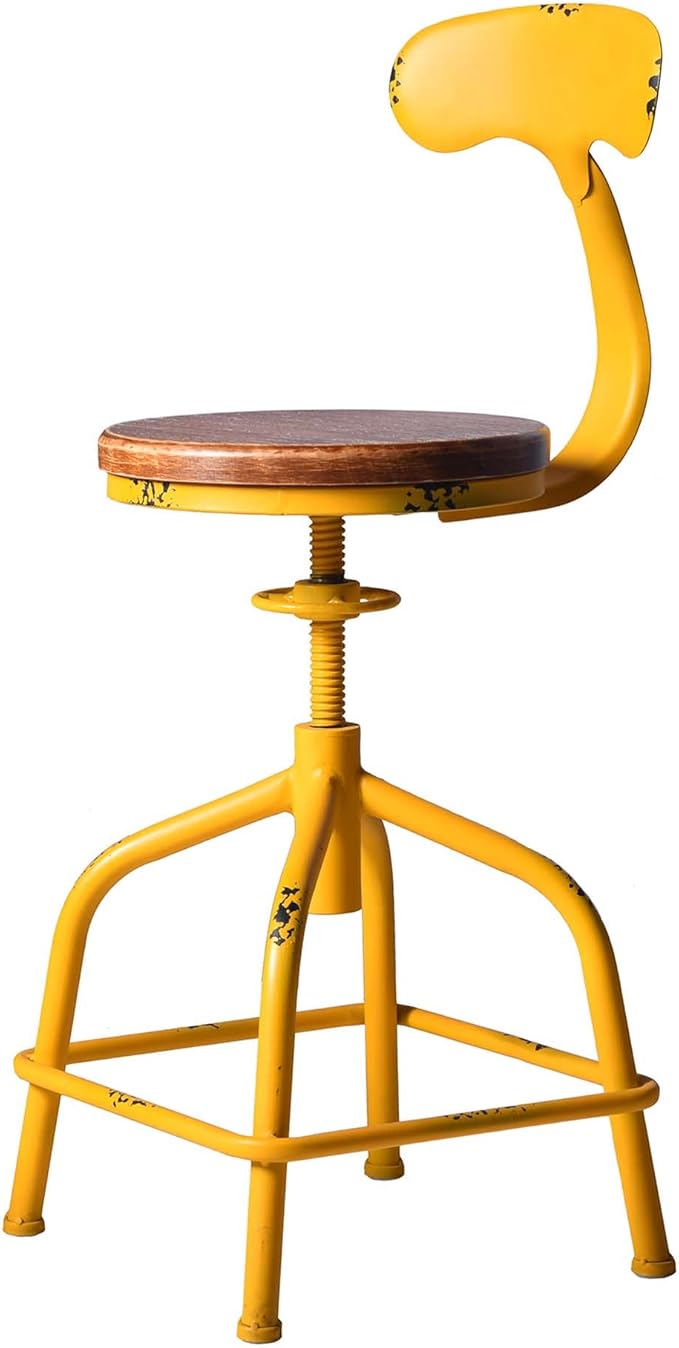 Topower Farmhouse Kitchen Stool, Industrial Counter Stool, Kitchen Deco Round Seat Standard Height Adjustable Swivel Bar Stools with Backrest Indoor House Design Iron Backrest Antique Yellow Set of 2