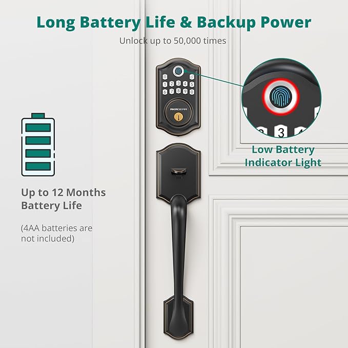 DS10 Pro Keyless Entry Door Lock with Handle Set, Smart Front Door Locks Set, Electronic Keypad, Fingerprint Deadbolt, Bluetooth APP Control, Auto-Lock & One Touch Locking, Oil Rubbed Bronze