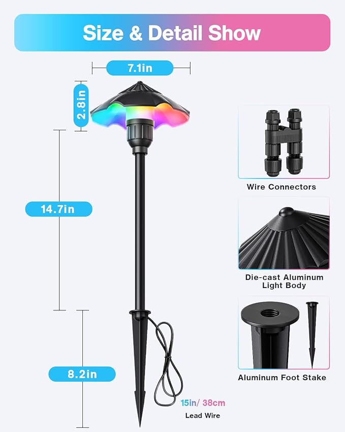 HIBOITEC 8-Pack RGBW Low Voltage Pathway Lights 3W 12-24V LED Landscape Lighting Outdoor Color Changing Landscape Lights Aluminum Waterproof Path Lighting for Walkway Yard Garden