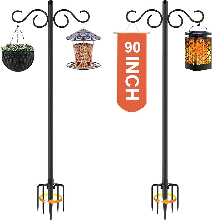 Double Shepherds Hooks for Outdoor,2 Pack 90 Inch Bird Feeder Pole with 5 Prongs Base,Heavy Duty Shepherds Hook,Suitable for Garden in Hanging Flower Basket,Lantern,Bird Nests (90 Inch)