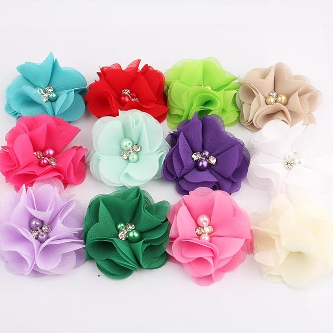 50 Pcs 2" Mini Chiffon Flowers with Rhinestones for Baby Girls Hair Accessories Artificial Fabric Flowers for Headbands Craft Projects (Turquoise)