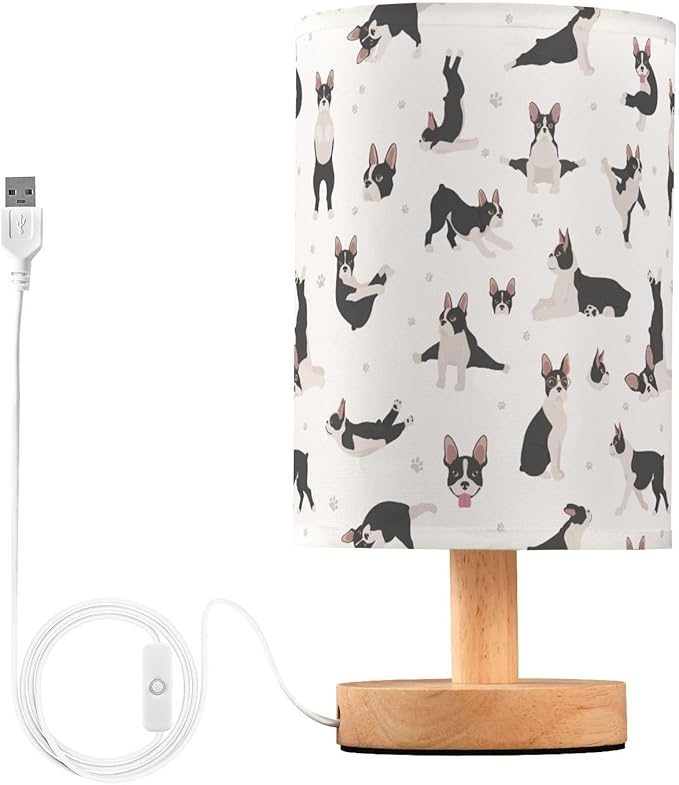 Table Lamp Boston Terrier Dog Do Yoga Pattern Nightstand Lamp with Wood Base Fabric Lamp Shade Bedside Desk Lamp for Living Room Bedroom Kids Room Office