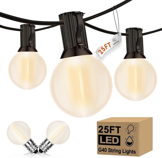 G40 25FT LED Outdoor String Lights,Frosted Patio Lights with 27 (2 Spare) Plastic Shatterproof Globe Bulbs,Connectable Outside Hanging Lights for Porch,Garden, Backyard,Wedding Decor