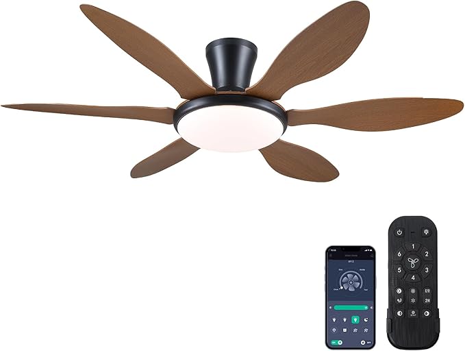 Ceiling Fans with Lights, 51 inch Modern Low Profile Ceiling Fan with Light and Remote App Control, Flush Mount, Quiet DC Reversible, Dim Led Ceiling Fan 6 Blade Softer Wind Indoor/Outdoor Patio Brown