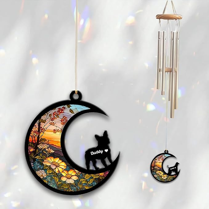 French Bulldog-Frenchie Sun Catcher Wind Chime, Custom Sunflower Suncatcher Dog Memorial Wind Chime, Dog Loss Gift, Dog Sympathy Gift, Pet Loss Suncatcher, Outdoor Garden Decor