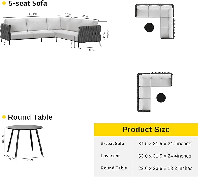 EAST OAK Life Chatter Patio Furniture Set, Outdoor Furniture Corner Sofa Set with Round Coffee Table, 5 Seats Sofa Deep Seating with Thick & Washable Cushions, Earth Black & Misty Grey
