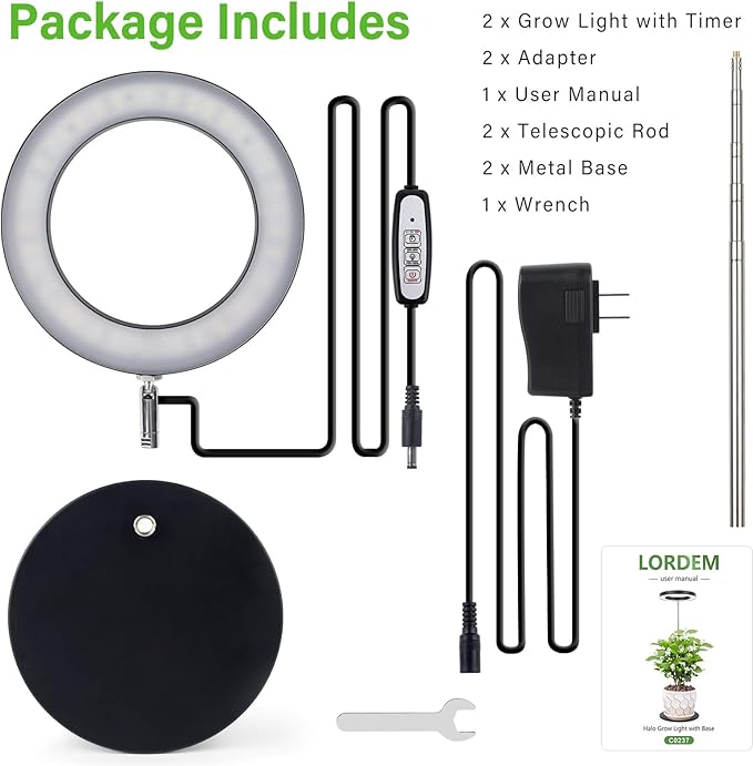 LORDEM Grow Light, LED Plant Light for Indoor Plants Growing, Full Spectrum Desk Growth Lamp with Automatic Timer for 4H/8H/12H, 4 Dimmable Levels, Height Adjustable 9.8"-30.6", 2 Packs of Black