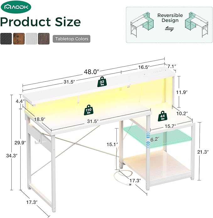 AODK Computer Desk, 48 Inch Gaming Desk with Led Lights & Power Outlet, Office Desk with Storage Shelves, Reversible Desk with Monitor Shelf & Headphone Hook, White