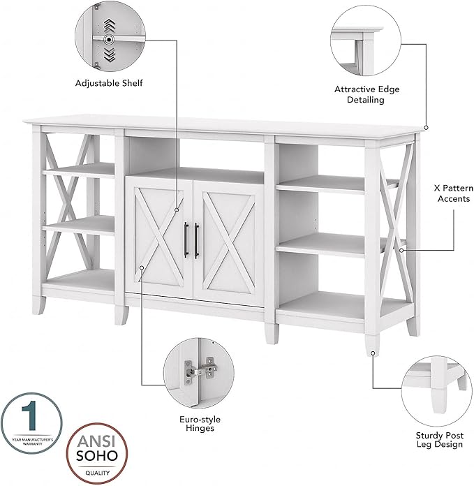 Bush Furniture Key West Tall TV Stand for 65 Inch TV in Pure White Oak, Farmhouse Entertainment Center with Storage