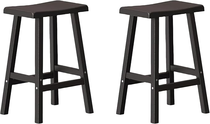 24" H Bar Stools Set of 2 - Classic Saddle Seat with Footrest, Resin Kitchen Counter Stool, Anti-Slip & Waterproof - Tall Barstools for Bar, Kitchen, Dining Room, Lounge - Black