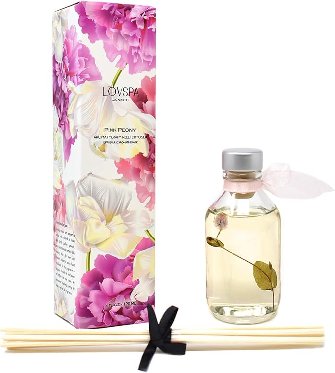 LOVSPA Reed Diffuser Set, Pink Peony Scented Oil Diffuser with Sticks, Home Fragrance Accessories for Bathroom Shelf Decor, Aroma Diffusers for Home or Office Desk, USA Made