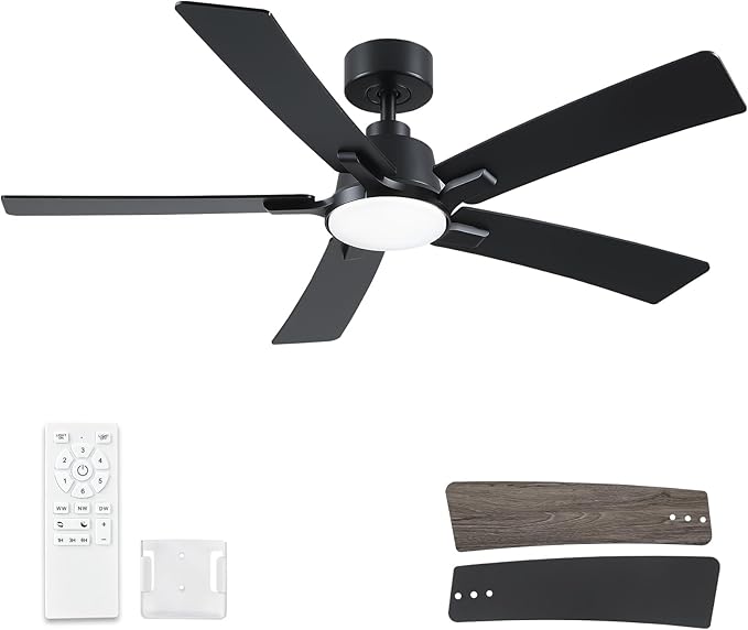 52 Inch Ceiling Fans with Lights and Remote, Black Ceiling Fan, Downrod Style with 5 Blades, Modern Design For Indoor Bedroom Living Room/Outdoor, 6 Speed Reversible DC Motor, 3CCT Dimmable LED