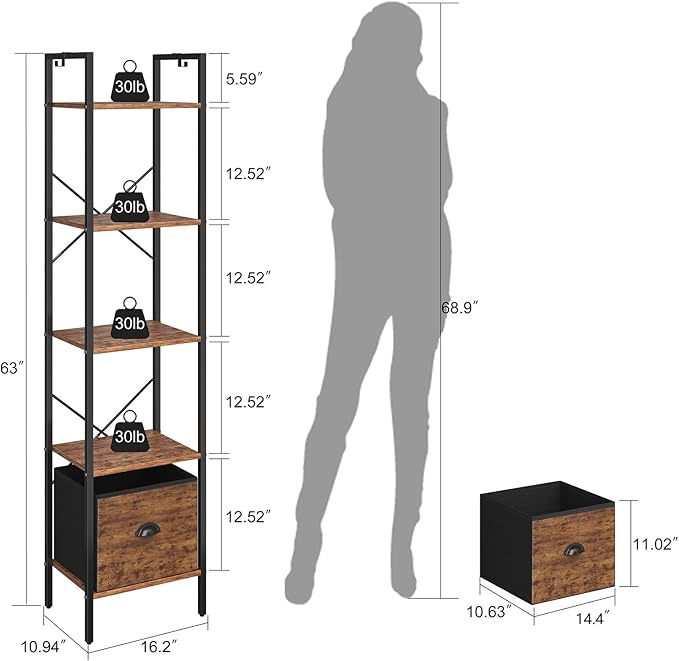 5 Tier Bookshelves,Tall Narrow Bookcases with Shelves, Bookcase Storage Organizer,Industrial Bookshelf with Drawer,Display shelves for Living Room, Bedroom ,Kitchen and Office, Rustic Brown