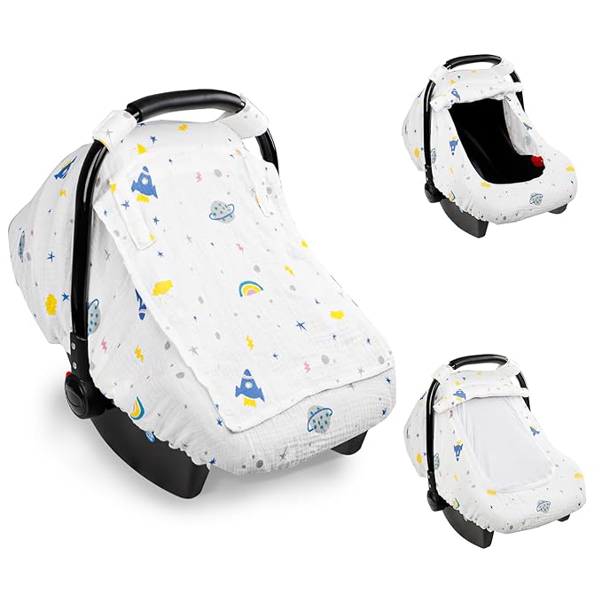 Hooyax Muslin Car Seat Cover Baby, Summer Car Seat Covers for Babies, Infants, and Newborns, Ultra Soft Breathable Universal Fit Stroller Carseat Canopy Covers for Boys Girls (Planet)