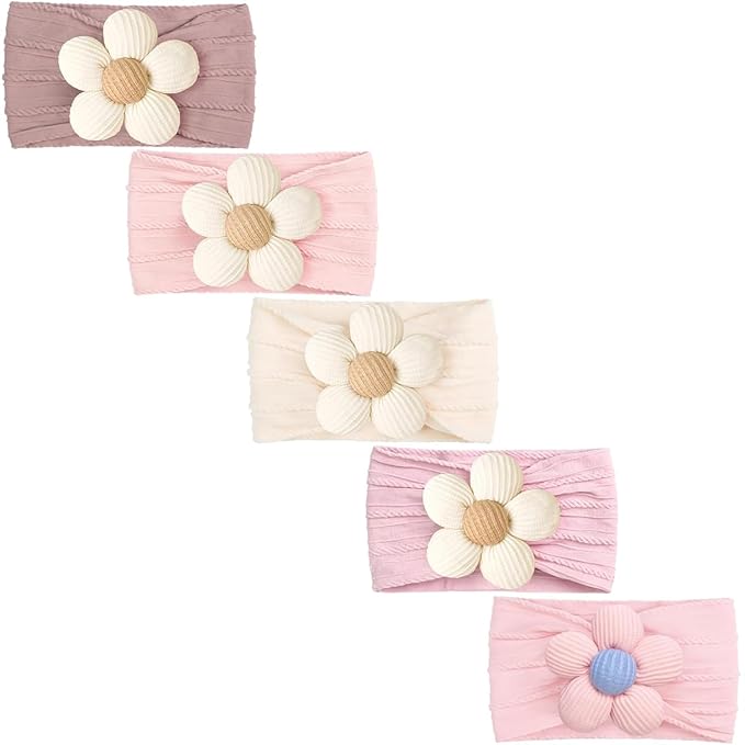 CÉLLOT 5 Pcs Baby Flower Headbands Baby Girls Nylon Headbands Soft Hairbands Hair Accessories for Newborn Infant Toddler Kids（Pink）