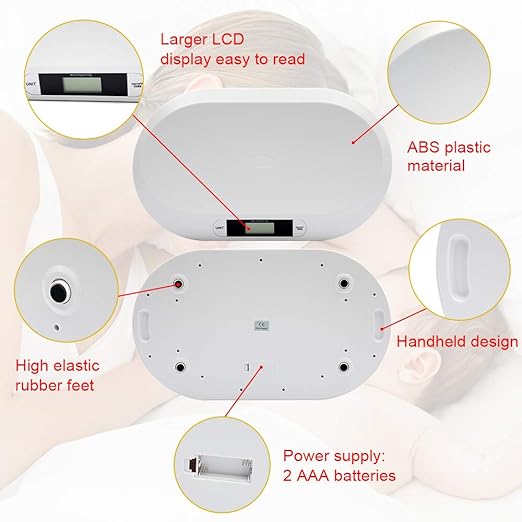 20KG/44LBS Electronic Digital Baby Weighing Scale Measure Infant/Baby/Pet Weight Accurately, Precision of 10g, Length 55cm, Large LCD Display, Weight Measure Tool White