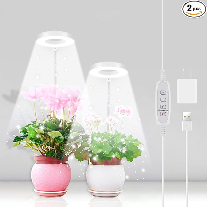 GYTF 2 Pack Halo Plant Grow Light, 6000K White LED Full Spectrum Growing Lamp for Indoor Plants, Succulents, Mini Bonsai, Small Plants, Height Adjustable, Dimmable & Timer 4/8/12/18Hrs